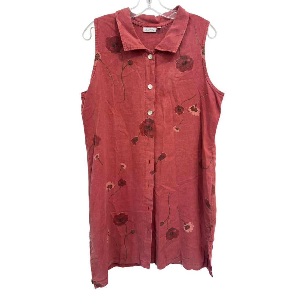Amanda Gray Shirt Dress Red Linen Floral Poppy Sleeveless Button Down Sz L Boho